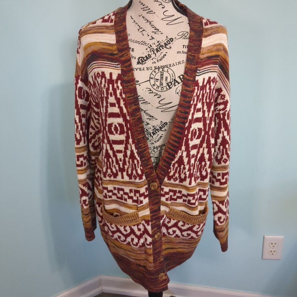 Lucky Brand Women Rust Cream Multi Aztec Print Button Cardigan medium
